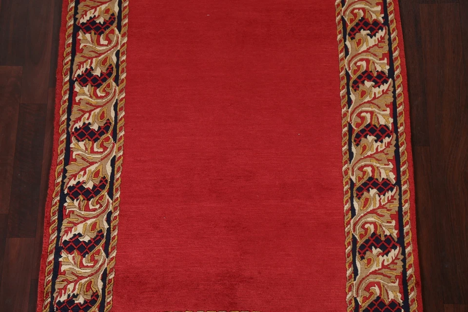 RED Bordered Nepal Tibetan Oriental Area Rug Hand-knotted Wool Foyer 4x5 Carpet - Image 3 of 4