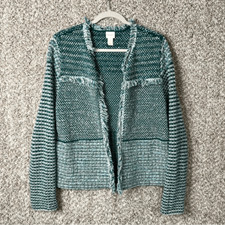 Chico s Blazer Women s 1 / Medium / 8 Structured Teal Tweed Open Front Cardigan