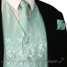 Mint Aqua Green 20-HH Paisley Tuxedo Suit Dress Vest Waistcoat Neck tie Hanky
