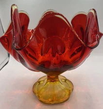 Amberina Glass Handkerchief Compote Bowl Candy Dish Vintage 7.5 X 8 In