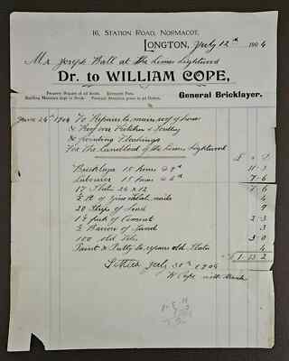 1904 William Cope, Bricklayer, Station Road, Normacot, Longton Invoice