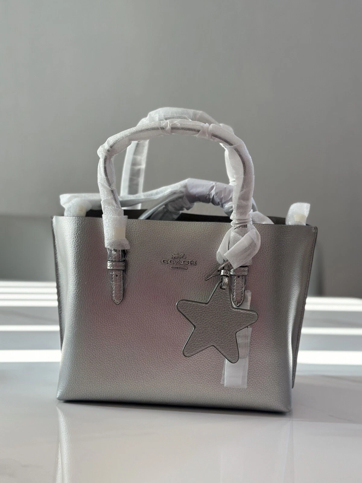 Borsa Coach CX253 Mollie Tote Bag 25 in pelle metallizzata doppia faccia argento!!️NUOVA CON ETICHETTE378$