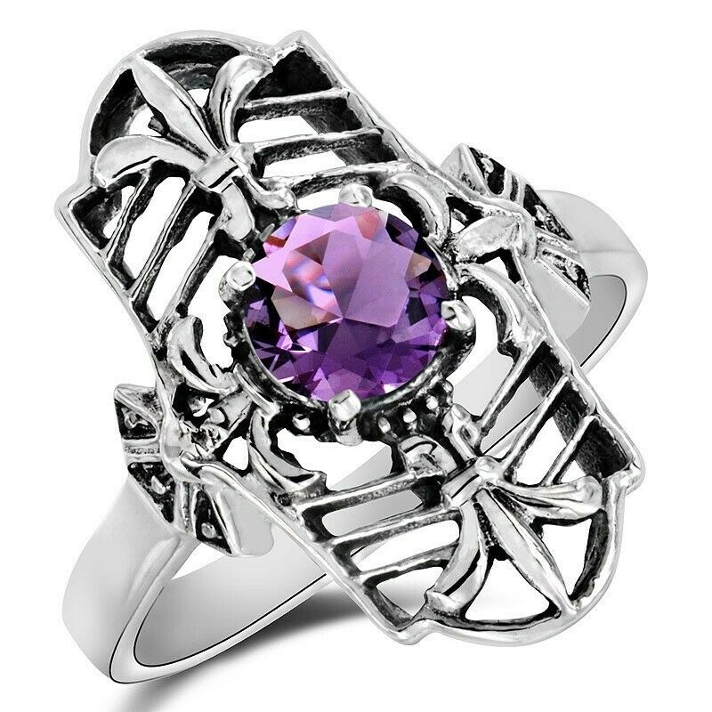 1CT Amethyst 925 Sterling Silver Filigree Style Ring Sz 8 F6-3