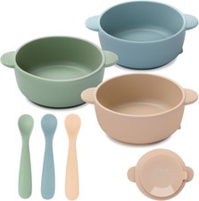 Baby Bowls with Suction and Baby Spoons Set of 3, BPA Free  Silicone Stay Put