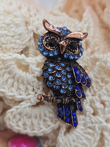Vintage Coppertone Metall blau Strass Eule Brosche Anstecknadel - Bild 3 von 7