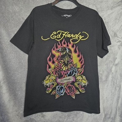 Ed Hardy Shirt Herren Large schwarz Tiger Adler Rosen Grafik Tattoo Print Tee Top