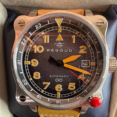 Pegoud Le Pilote Automatic 44mm Brown Dial Date Leather Strap 50m Box Papers