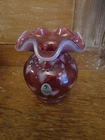 VTG FENTON Cranberry Opalescent HEART OPTIC Beaded Glass Vase 4"H
