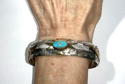 Native American Sterling Silver Turquoise 12k Gold Filled Bear Cuff Bracelet