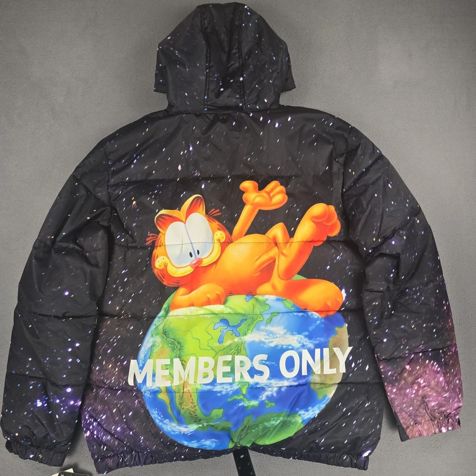 Garfield Members Only Jacket Mens Large Black Galaxy Puffer Hooded Graphic - Image 3 of 4