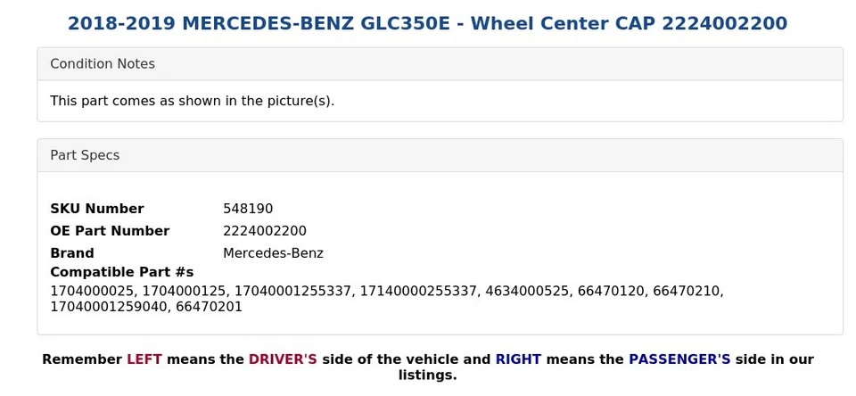 Mercedes-Benz GLC350E 2018-2019 - tapa central de rueda 2224002200 Foto 4 de 4