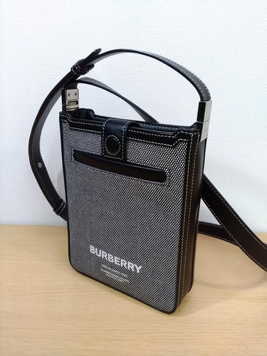 BURBERRY Horseferry Shoulder Bag Canvas Black White Womens Snap Pockets