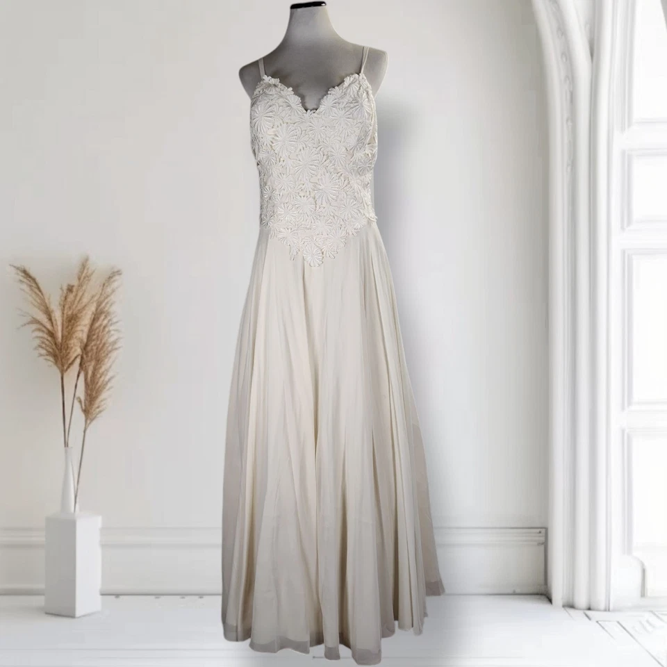 Vintage 90s Alyce Designs Ivory Lace Dress Size 16 Boho Bridal Formal Gown - Image 2 of 4