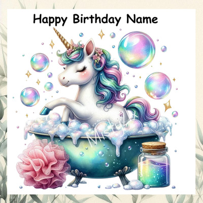Personalisierte EINHORN Grußkarte BADEZEIT Blasen Badespaß Happy Birthday