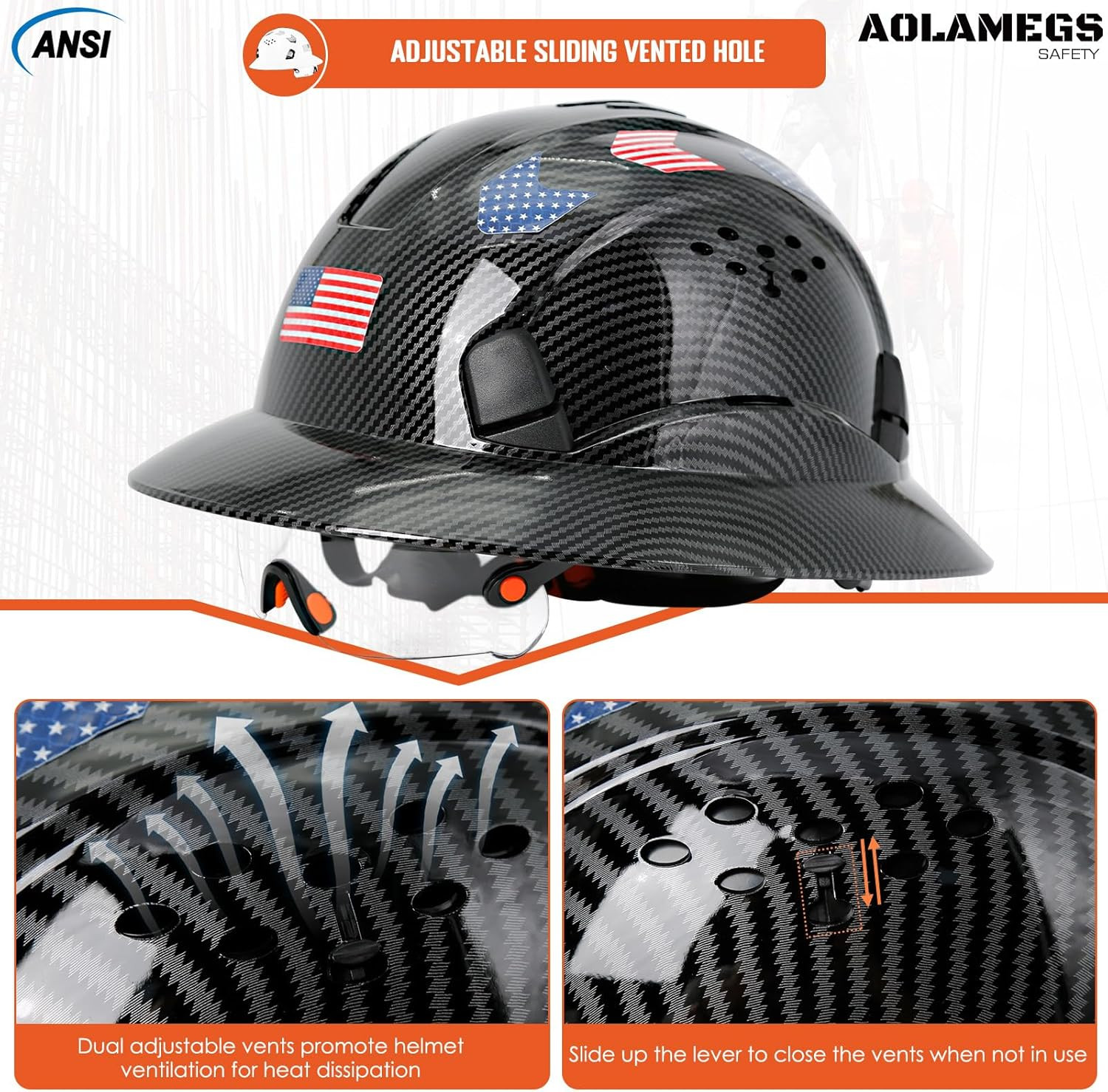 Carbon Fiber Pattern Full Brim Hard Hat with Visor-Osha Approved Construction