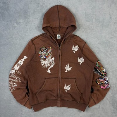 Vintage Ed Hardy 2000's Y2K Brown Snake Griffin Oversized Small Full Zip Hoodie