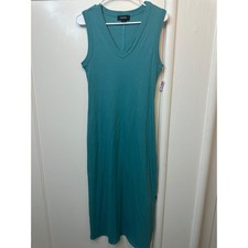 Karen Kane Teal Blue Ribbed V-Neck Sleeveless Modal Midi Dress Small USA Made