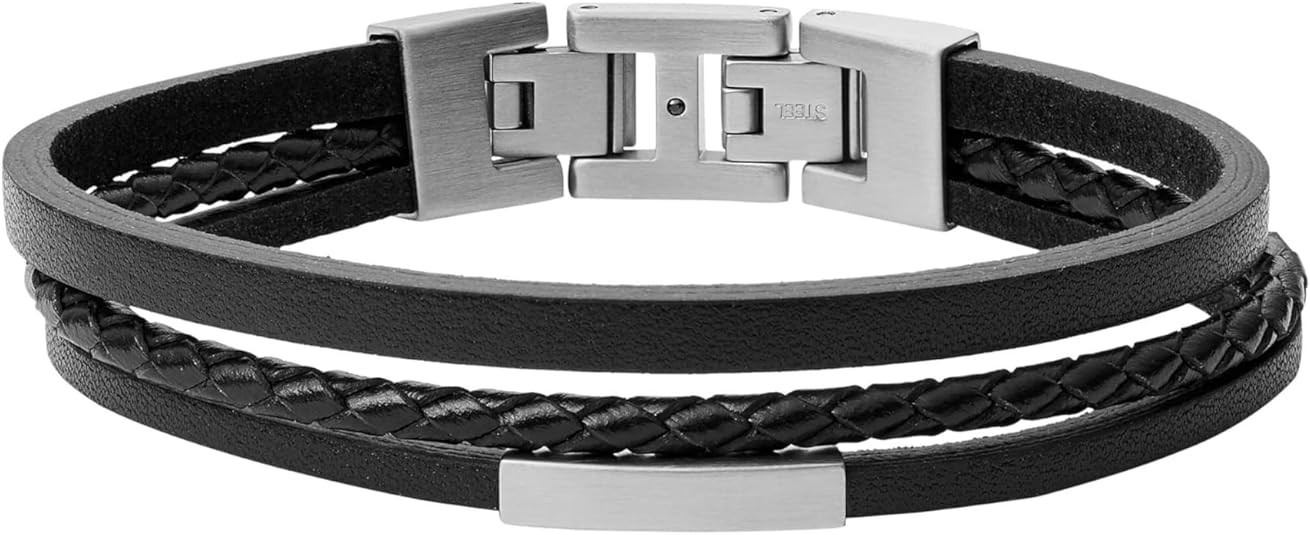 Fossil - Mens Casual Stainless Steel and Genuine Leather Bracelet BlackSilver 6990₽