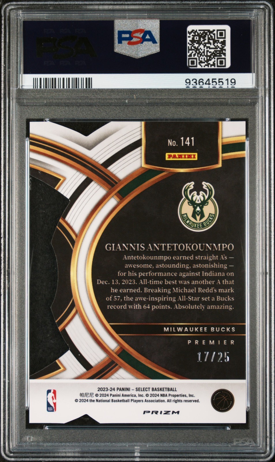2023 Panini Select #141 Giannis Antetokounmpo Tie-Dye Prizm Die-Cut /25 PSA 10 view 2