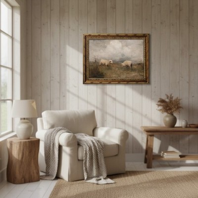 Vintage Gold Framed Sheep Painting - Rustic Wall Art for Tranquil Spaces