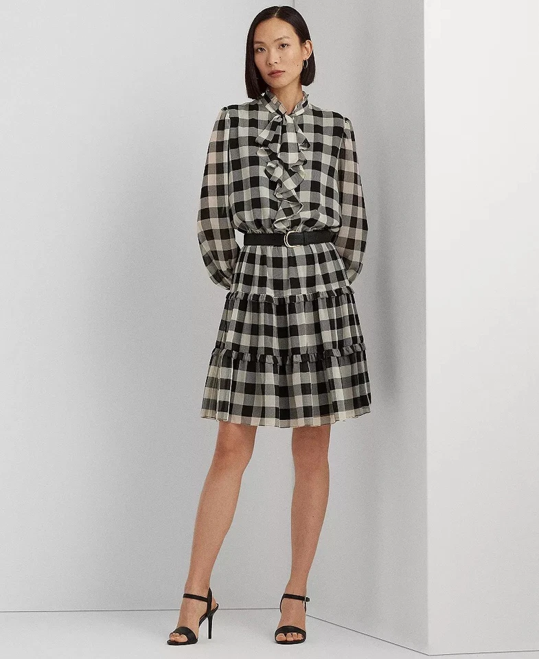 NWT Lauren Ralph LaurenWomen's Buffalo Check Ruffled Georgette Dress - Image 4 of 4