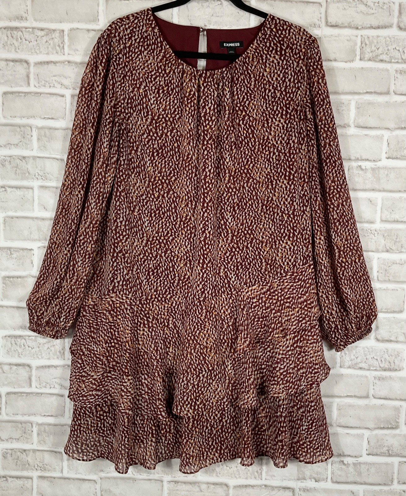 EXPRESS Mini Dress Womens Sz XL Wine Floral Ruffles Keyhole Back Long Sleeves