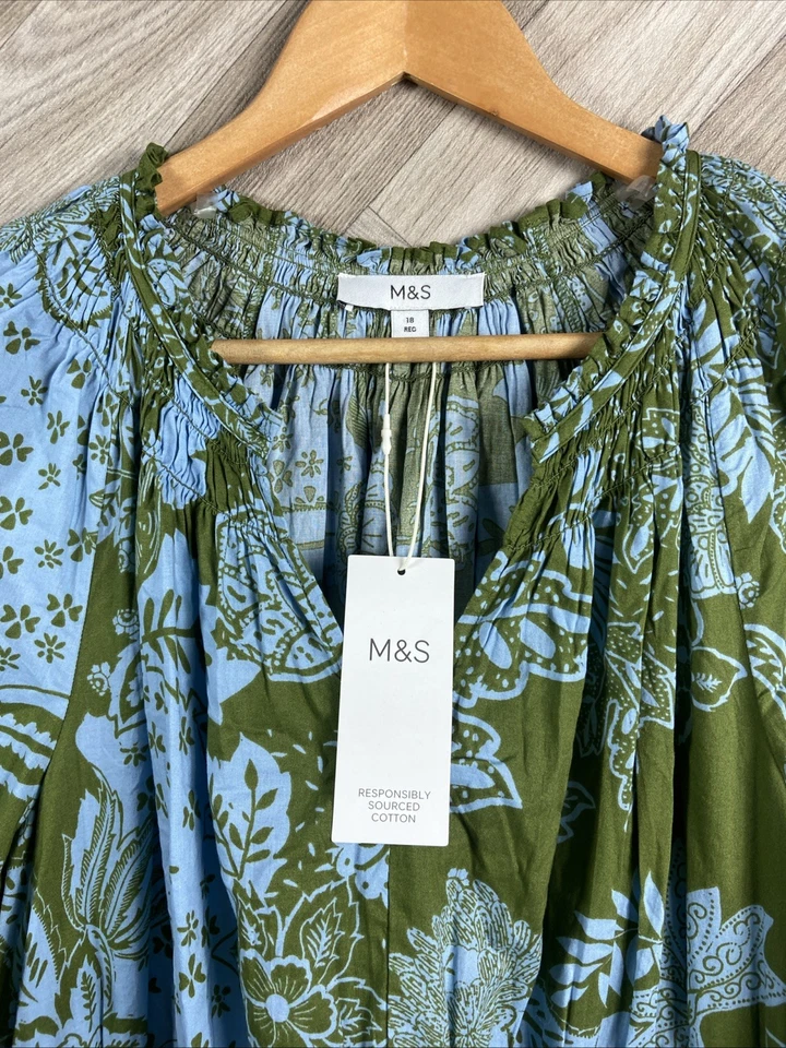 M&S Green/Blue Mix Floral Maxi Boho Dress Half Sleeve Pull On Size 18 New - Image 2 of 4
