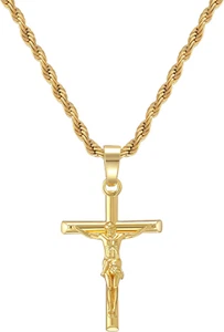 18K Gold Plated Crucifix Necklace with 22" Rope Chain for Men and Women