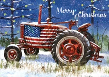 LPG Greetings Red Tractor Draped in American Flag Patriotic Christmas Card
