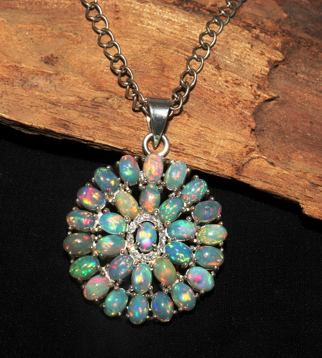 Natural Ethiopian fire opal pendant in 925 silver white opal necklace black opal