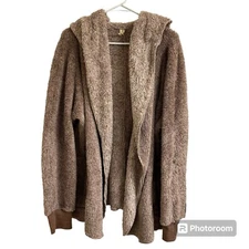 Rewash Women’s Lg Brown Beige Open Front Hooded Cardigan Pockets Draped Oversize