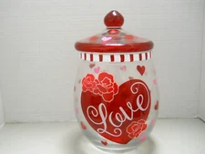 COOKIE ,CANDY GLASS JAR WITH  HEARTS AND THE WORD LOVE ON IT RED GLASS 8"X6"