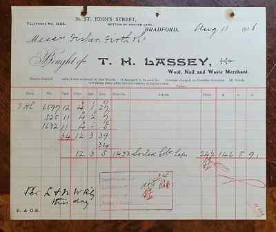 1916 T. H. Lassey, Wool, Noil & Waste Merchant, St John's St, Bradford Invoice