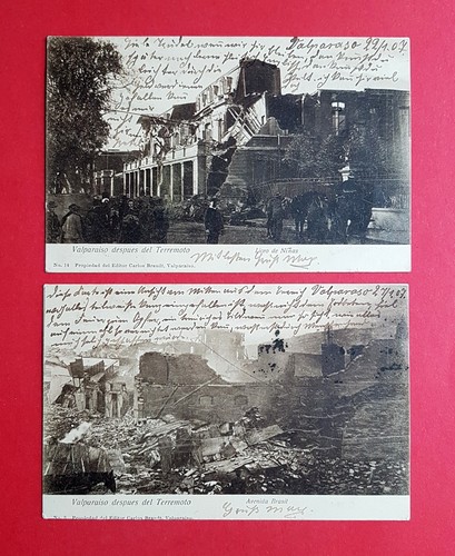 2 cartoline Valparaiso in Cile 1907 distruzioni dopo terremoto Avenida Brasil (36312
