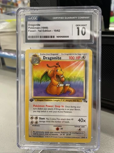 CGC 10 GEM MINT Dragonite 1999 Fossil 1st Edition 19/62 Pokemon Card H1