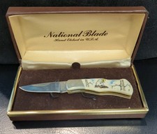 Vintage National Blade Hand Engraved Blade Scrimshaw Eagle Lockback Knife w/box
