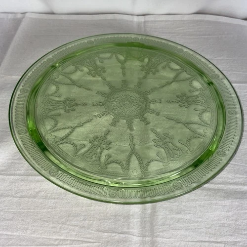 Green Uranium Depression Glass Vintage Cameo Ballerina 10” Footed Cake Plate