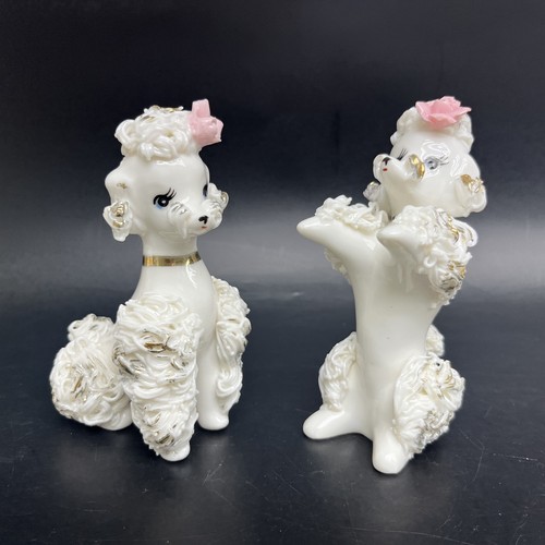 Vtg 2x White Porcelain Spaghetti Poodles Gold Pink Flower INARCO Japan 4.75"