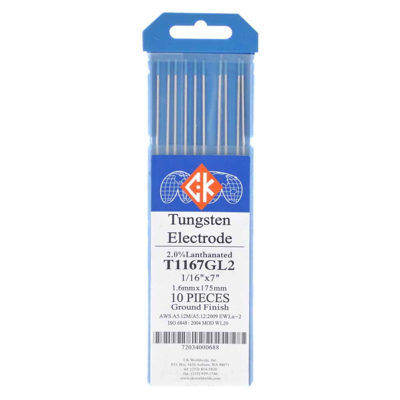 CK T1167GL2 2% Lanthanated Tungsten Electrode 1/16" X 7" 10 pack