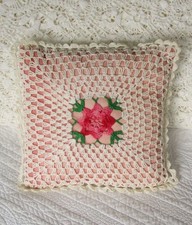 Vintage Rosettes Crochet Lace Throw Pillow Pink & Ivory Boudoir Square