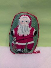    Santa Claus Christmas Ornament Handmade Needlepoint with Jingle Bell   6"