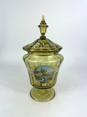 Antiker Großer Glaspokal M. Commes Bonn Glas Landschaft Mühle Bowle Grün Pokal