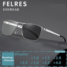 Men Metal Square Photochromic Reading Glasses Outdoor Shade Presbyopic Glasses