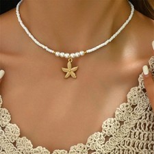 Starfish Pendant Necklace Faux Pearl Beads Handmade Ocean Theme Women Jewelry