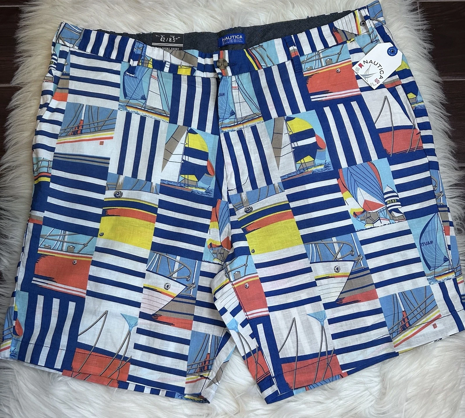 NWT Nautica Sailboat Linen Blend Flat Front Shorts Mens 42 8.5" Novelty Preppy