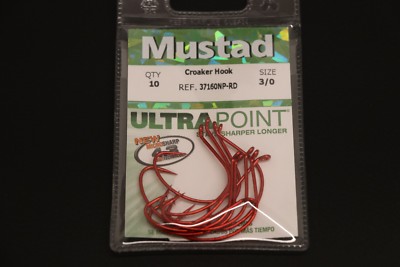 Mustad 37160NP-RD Red Croaker Wide Gap Hooks - Size 3/0 - Pack of 10 