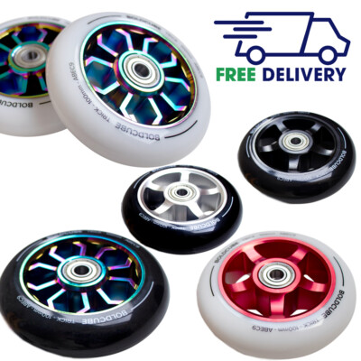 100 mm Leichtmetallkern Chrom Stunt-Scooter Räder Teile Paar ABEC 9 Lager ersetzen