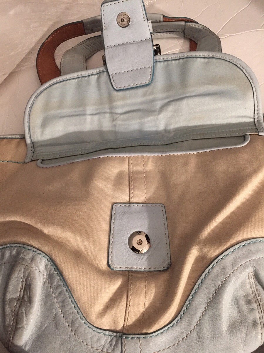 VINTAGE COACH SHOULDER TOTE BAG BLUE LEATHER TRIM ZIPPED