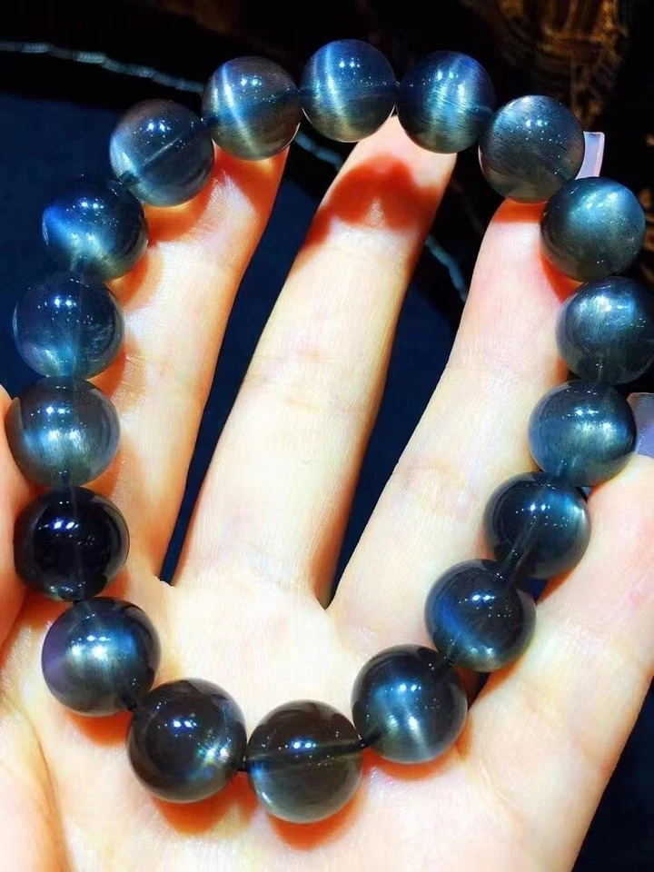 Brazalete de cuentas redondas de piedra solar de cristal negro natural genuino 11 mm AAAA Foto 4 de 4