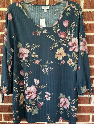 Avenue Teal Floral Print Ribbed Top 3/4 Tied Sleeves Size 18/20 NWT